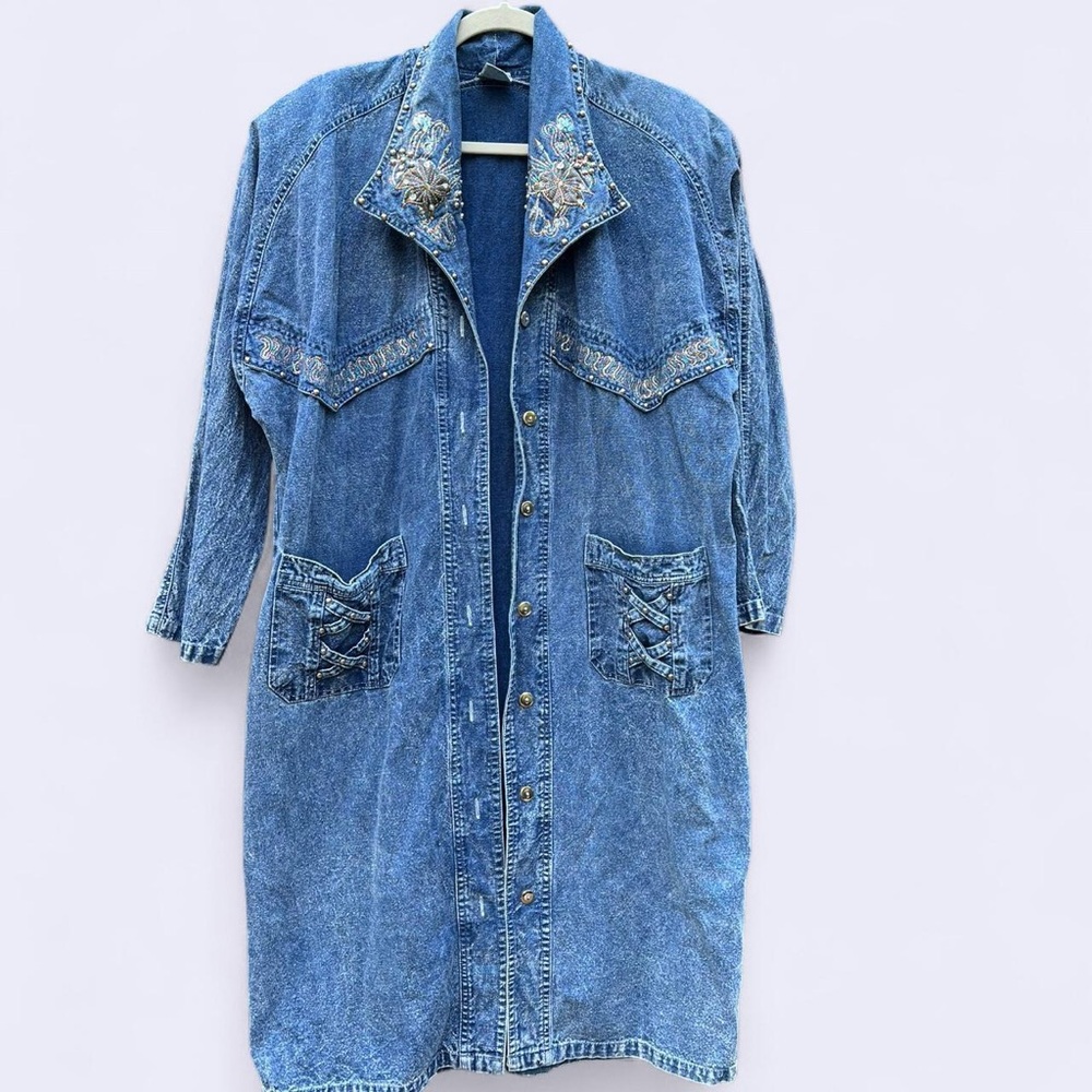 Embroidered Denim Long Jacket